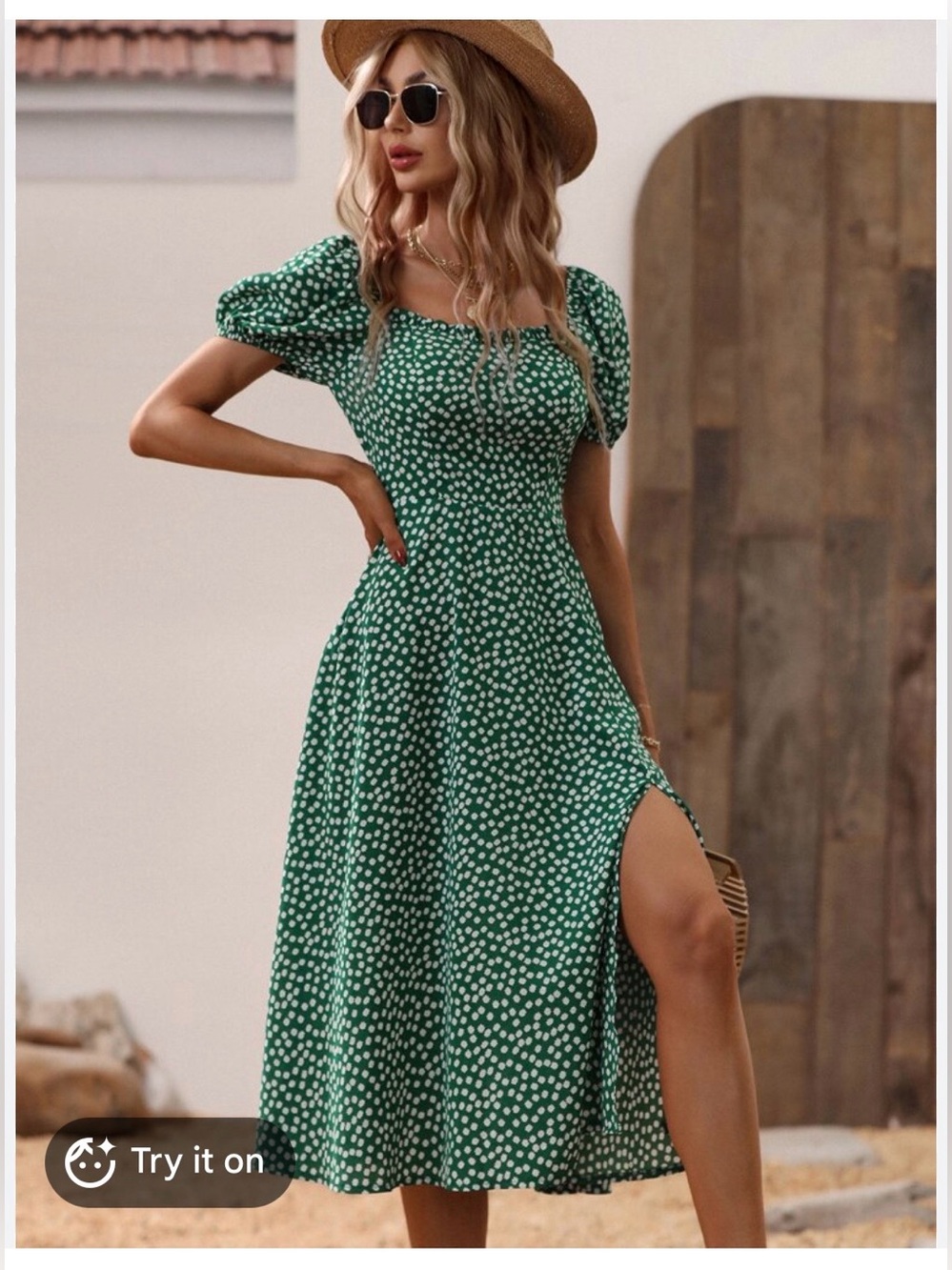 Green Floral Puff Sleeve Midi Dress with Split Thigh